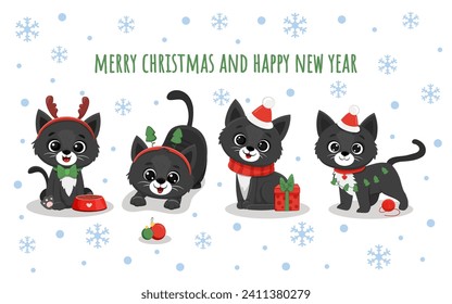 Cute cartoon black kitten Isolated on white. Christmas Illustration for design, banners, children's books and patterns. Funny cat in scarf, santa hat and with gift. Vector