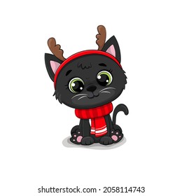 Cute cartoon black kitten for new year and christmas.Happy new year greeting card. Vector illustration. 