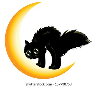 Cute cartoon black kitten on crescent moon.