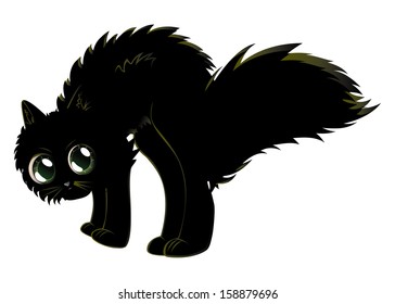 Cute cartoon black kitten on white background.