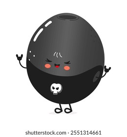 Personaje lindo de la viñeta de Black Olive con una camiseta del cráneo y pose juguetona. Icono de ilustración de personaje kawaii de dibujos animados dibujado a mano de Vector. Aislado sobre fondo blanco. Personaje de heavy metal Black Olive