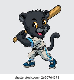 Cute cartoon black panther in baseball outfit holding a bat in character illustration