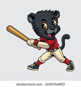 Cute cartoon black panther in a baseball uniform holding a bat character illustration