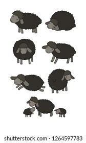 Cute cartoon black sheep set. Farm animals. Funny lambs. Vector 