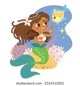 Cute cartoon black skin mermaid with a friend fish. Vector cartoon illustration in flat style isolated on a white background. For print, design, poster, sticker, card, decoration and t shirt design