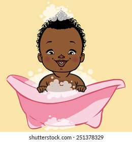 Cute Cartoon Black Smiling Baby In A Bath. Vector Illustration