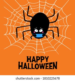 Cute cartoon black spider in blue medical mask with guilty look, white cobweb and happy halloween lettering on orange background. Halloween greeting card. Vector stock illustration.