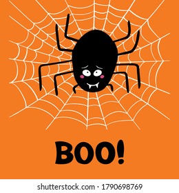 Cute cartoon black spider with guilty look, white cobweb and boo word on orange background. Halloween greeting card. Vector stock illustration.