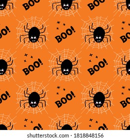 Cute cartoon black spider with guilty look, white cobweb and boo word on a orange background. Halloween seamless pattern. Vector stock illustration.