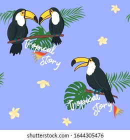 cute cartoon black toucans seamless pattern on purple background, wild tropical birds with leaves and flowers, editable vector illustration for kids decoration, fabric, textile, paper, banner, poster