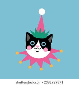 Cute cartoon black and white cat wearing a red elf hat. Hand drawn vector illustration. Funny Christmas character card template.