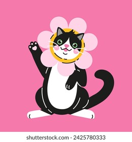 Cute cartoon black and white cat with flower collar. Hand drawn vector illustration. Pretty happy pet character card template.