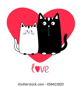 Cute cartoon black white cat boy and girl family. Big red heart. Kitty couple on date. Moustache whisker. Funny character set. Love greeting card. Flat design. Isolated. Vector illustration