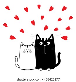 Cute cartoon black white cat boy and girl. Kitty couple on date. Big mustache whisker. Funny character set. Happy family. Love greeting card. Flat design. Heart background Isolated Vector illustration