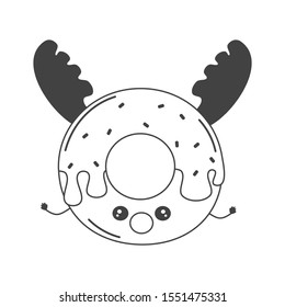 cute cartoon black and white character reindeer donut funny holidays vector illustration for coloring art	