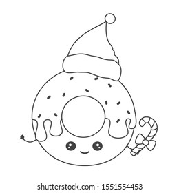 cute cartoon black and white character christmas donut with santa hat funny vector illustration for coloring art