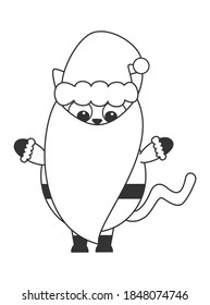 Cute cartoon black and white character santa claus cat funny christmas vector flat illustration for coloring art