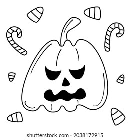 cute cartoon black and white character vector illustration with halloween pumpkin and candies for coloring art