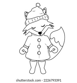 Cute cartoon black and white character fox with winter outfit funny vector illustration for coloring page