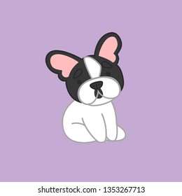 Cute Cartoon Black and White Coat French Bulldog. Sitting Dog. Vector Illustration.