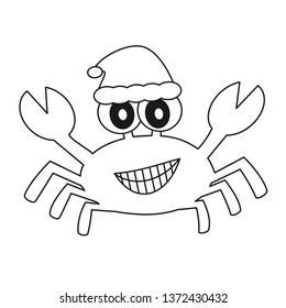 cute cartoon black and white crab with santa hat christmas funny vector illustration for coloring art