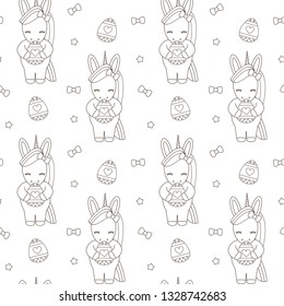 cute cartoon black and white easter unicorn with egg holiday seamless vector pattern background illustration 