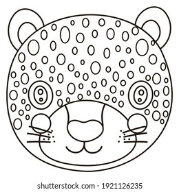 Cute cartoon black and white face of leopard. An outline single stylized portrait of a wild animal living in the jungle. For coloring book or page, logotype. Vector.