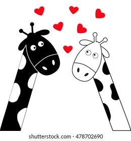 Cute cartoon black white giraffe boy and girl. Camelopard couple on date. Long neck. Funny character set. Happy family. Love greeting card with hearts. Flat design. Heart background. Isolated. Vector