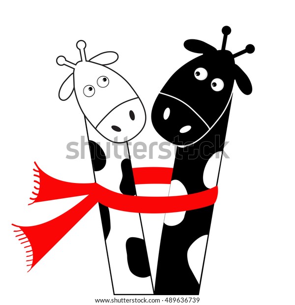 Cute cartoon black white giraffe wearing red scarf. Boy girl couple