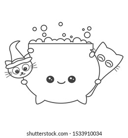 cute cartoon black and white halloween vector illustration with witch cauldron and funny cats for coloring art