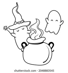 cute cartoon black and white halloween character baby witch ghost funny holiday vector illustration in flat style for coloring art