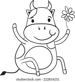 Cute cartoon black and white hand-painted smiling cow with chamomile