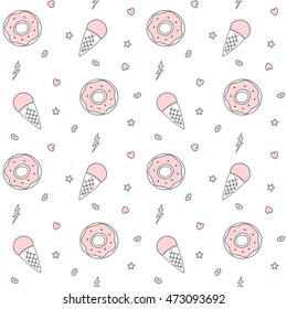 cute cartoon black white pink seamless vector pattern with donuts, ice cream, lips, stars, hearts and lightning