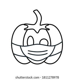 Cute cartoon black and white pumpkin in medical protective masks halloween covid-19 concept coronavirus pandemic vector illustration for coloring art