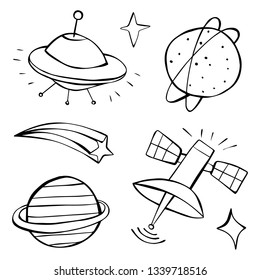 Cute cartoon black and white spaceship, flying saucer, ufo, planet, satellite, stars. Art poster design. Vector illustration doodle set isolated on background. Cosmos, galaxy, outer space concept