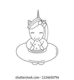 cute cartoon black and white unicorn with float eating watermelon slice summer vector illustration