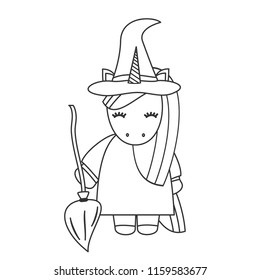 cute cartoon black and white unicorn witch with broom halloween vector illustration isolated 