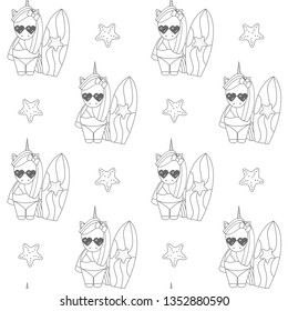 cute cartoon black and white unicorn surfer funny summer seamless vector pattern background illustration