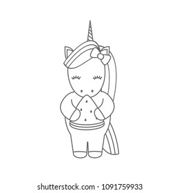 cute cartoon black and white vector illustration with unicorn eating watermelon slice