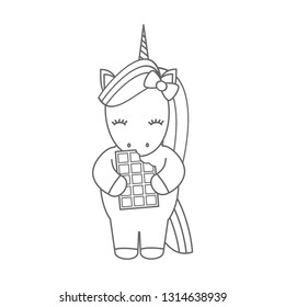 cute cartoon black and white vector illustration with unicorn eating chocolate for coloring art