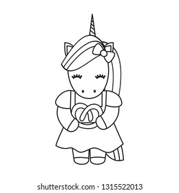 cute cartoon black and white vector unicorn with pretzel for coloring art