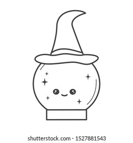 cute cartoon black and white vector character crystal ball with witch hat funny halloween illustration for coloring art