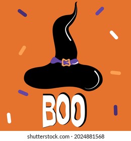 cute cartoon black witch hat with hand drawn halloween boo lettering text  and confetti vector card illustration