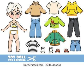 Cute cartoon blond boy - autumn season - shirts, jacket, sweater, boots and jeans. Doll for dressing