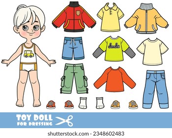 Cute cartoon blond boy - summer and early autumn season - shirts, jacket, shorts, boots and jeans. Doll for dressing