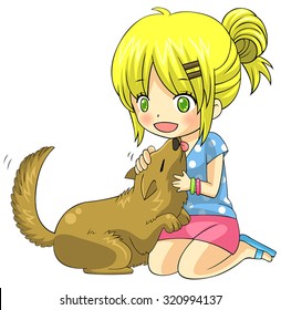 Cute cartoon blond child girl character is playing and cuddling with her tame domestic pet dog in isolated background, create by vector
