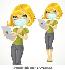 Cute cartoon blond girl in face mask with tablet computer isolated on a white background