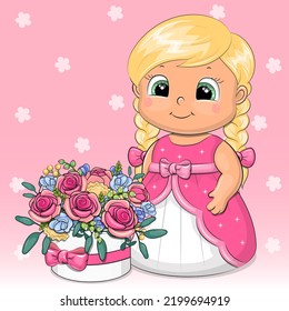 A cute cartoon blond girl in a pink dress is standing next to a box of roses. Vector illustration on a pink background with flowers.