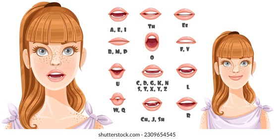 Cute cartoon blond girl with ponitail talking mouth animation. Female character speak mouths expressions