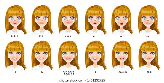 Cute cartoon blond girl talking mouth animation. Female character speak mouths expressions